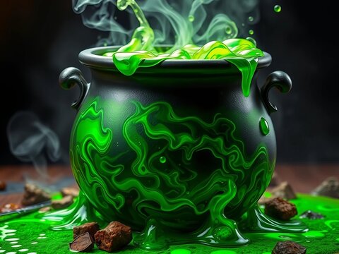A bubbling cauldron with swirling green potion, ready for magical brews, magic, cauldron