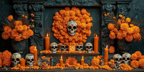 Bright and Festive Día de los Muertos Celebration | Colorful Day of the Dead Artwork with Traditional Elements | Vibrant Mexican Holiday Scene with Sugar Skulls and Flowers | Joyful Día de Muertos