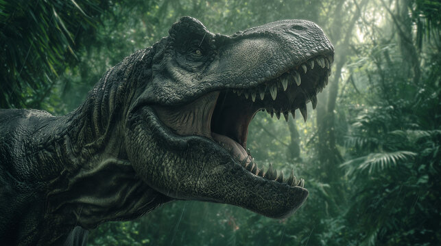 AI-generated image - A massive Tyrannosaurus Rex roaring fiercely in a prehistoric jungle, surrounded by dense tropical vegetation and dramatic sunlight filtering through the trees.