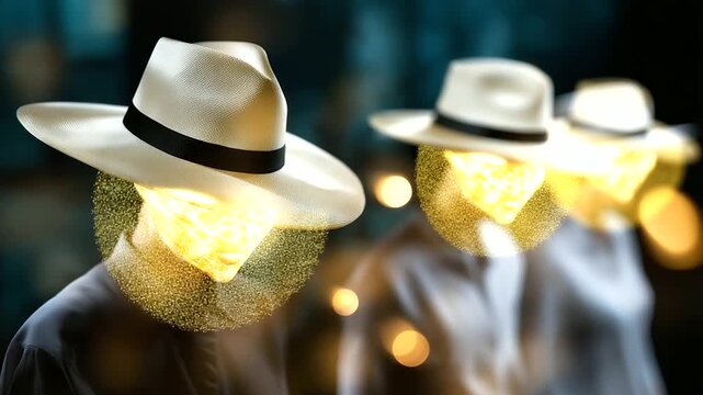 Defocused figures in white wide-brimmed hats with sharp focused symbolic light elements in esoteric setting, with copy space