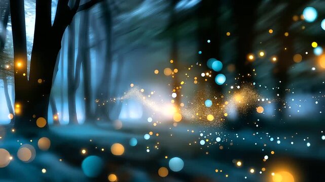Defocused forest clearing with glowing orbs suggesting faceless elves and fairies at play, ethereal mist and soft moonlight, with copy space.