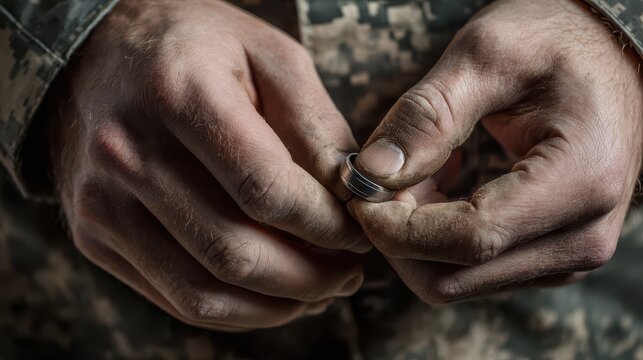 Military Divorce. Soldier man hands removing wedding ring in sorrowful separation from couple