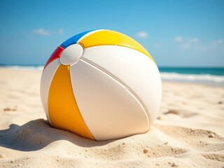 Obraz premium A beach ball rests on the sand, ready for a game, vibrant colors, sunshine, beach, fun