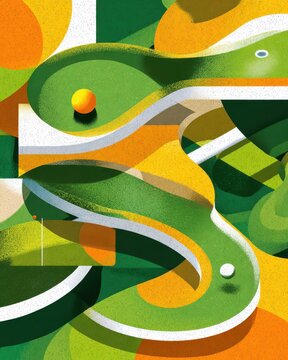 Mini Golf Illustration. Round Ball with Yellow and Green Colours in Abstract Design