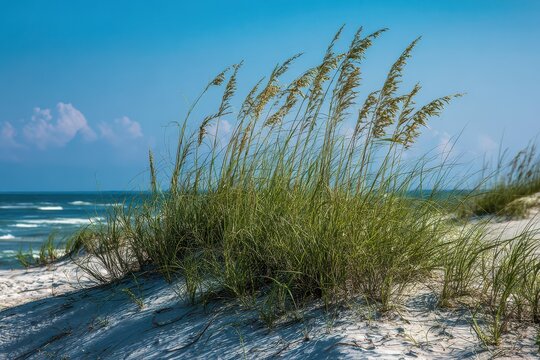 Mississippi Coast. Dune Grass Growing on the Beach Landscape with Sea and Sky