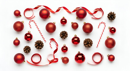 Christmas Flat Lay with Red Ornaments, Holiday Decoration on White Background, Red Baubles and...