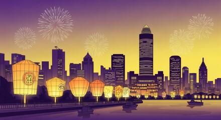Fototapeta premium Celebratory Skyline: A Nighttime Spectacle of Fireworks and Lanterns Illuminating the Cityscape with Cultural Brilliance and Festive Joy, in Vibrant