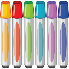 Six multicolored marker pens with yellow red green blue purple and dark blue caps arranged in a row on a white background isolated on transparent background