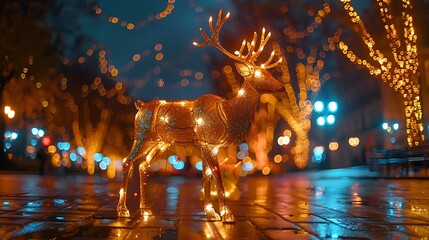 Illuminated reindeer figure stands amidst blurred city lights at night time outdoors