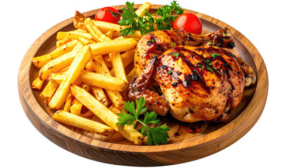 Roast chicken and fries on wooden plate, garnished with tomatoes