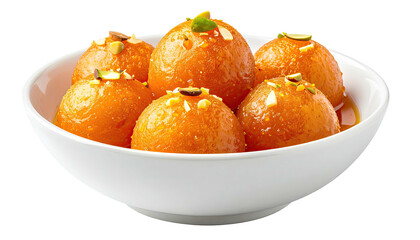 Orange sweet dough balls in white bowl, pistachio garnish