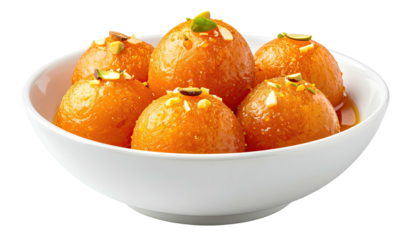 Orange sweet dough balls in white bowl, pistachio garnish