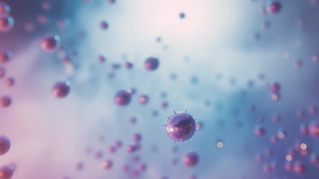 Camera pulling back refocusing reflective orb in pink-blue gradient, revealing drifting satellites