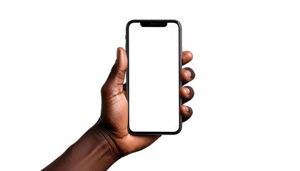Hand holds phone, blank screen, dark-skinned, black background