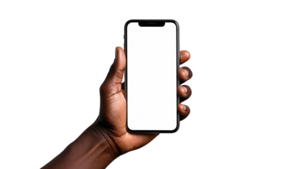 Hand holds phone, blank screen, dark-skinned, black background