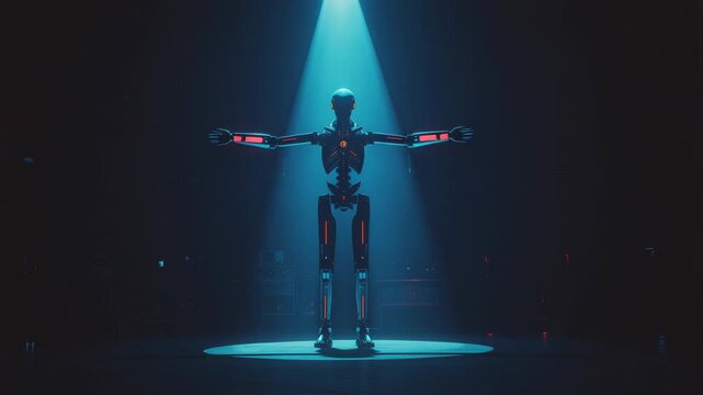 Humanoid robot powering up under pulsing lights in testing chamber holding T pose rotating torso
