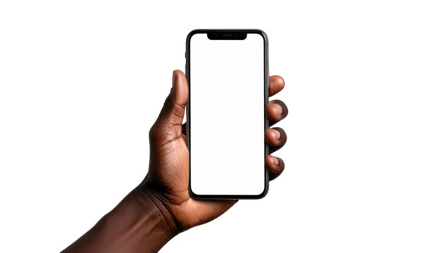 Hand holds phone, blank screen, dark-skinned, black background