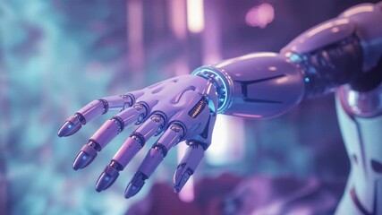 Entering chrome robotic forearm rotating at robotics lab, showing precise finger bend with LED ring - Powered by Adobe