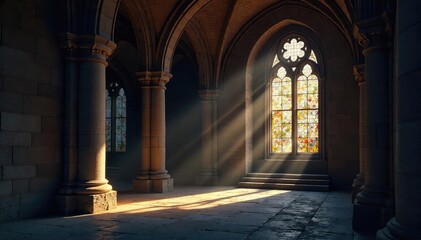 A shadowy cathedral interior, stained glass casting ethereal light on ancient stone, hinting at a sacred, yet melancholic atmosphere , gothic, stone, mood