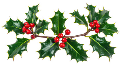 Holly branch, bright green leaves, red berries, black background
