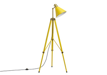 Isolated yellow floor lamp with tripod stand, retro interior lighting, design element