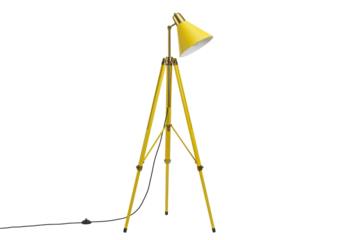 Isolated yellow floor lamp with tripod stand, retro interior lighting, design element
