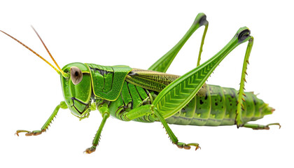 Bright green grasshopper isolated against a black background