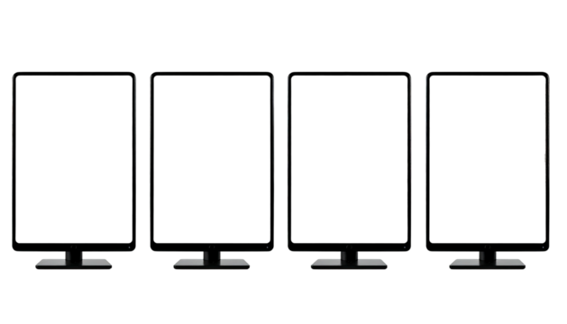 4 vertical, elongated rectangles on small platforms, dark background