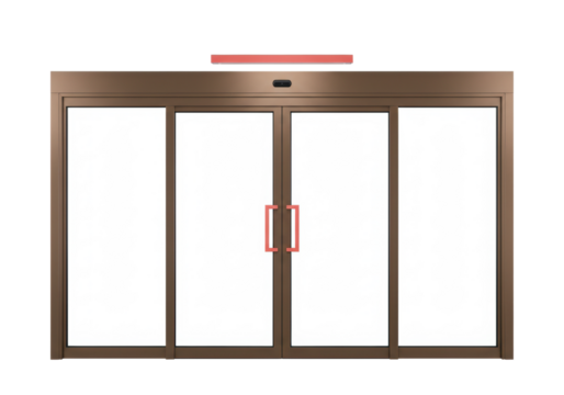 Isolated modern commercial brown automatic entrance doors with red handles and sensor light