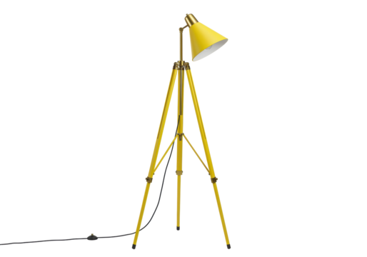 Isolated yellow floor lamp with tripod stand, retro interior lighting, design element