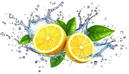 Lemons sliced, surrounded by splashing water and floating leaves
