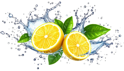 Lemons sliced, surrounded by splashing water and floating leaves