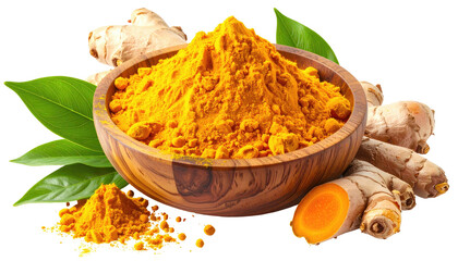 Turmeric powder in wooden bowl with turmeric roots and leaves