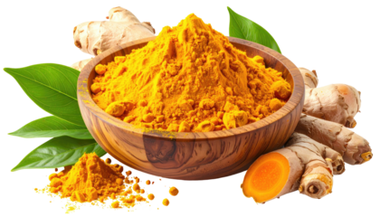 Turmeric powder in wooden bowl with turmeric roots and leaves
