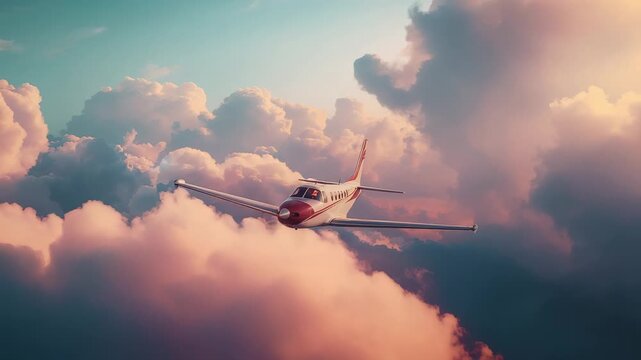 Entering view private jet slicing through pastel sky at sunrise with red-and-white nose reflection
