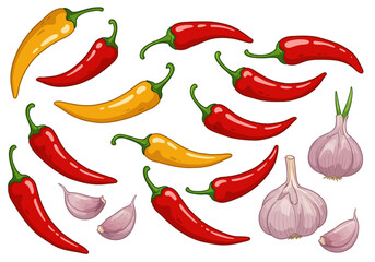 Cartoon Illustration of Red and Yellow Chili Peppers with Garlic.