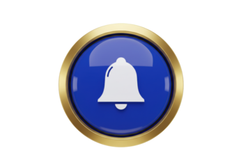 Isolated blue button with golden frame and white bell, symbol of notifications and alerts
