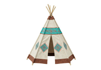 Isolated tipi tent with native american print, child's toy, camping equipment, teepee