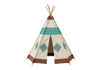 Isolated tipi tent with native american print, child's toy, camping equipment, teepee