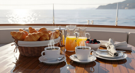 yacht deck luxury breakfast on a with croissants coffee juice