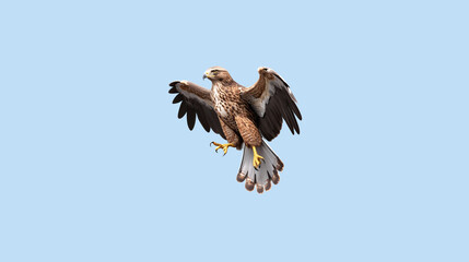 Common buzzard hunting over open field, scanning the ground for prey in morning light.