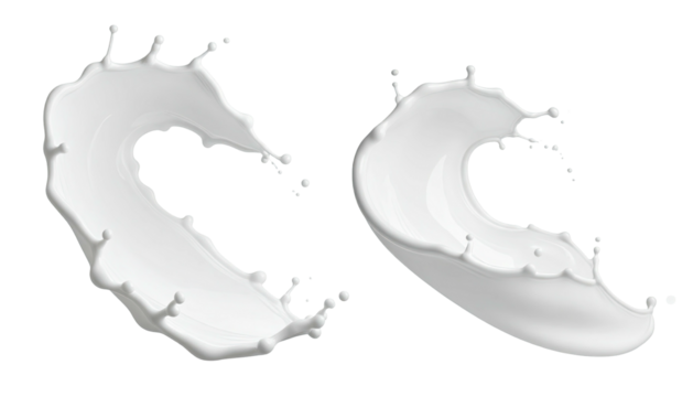 Two white liquid splashes, curved shapes against black backdrop