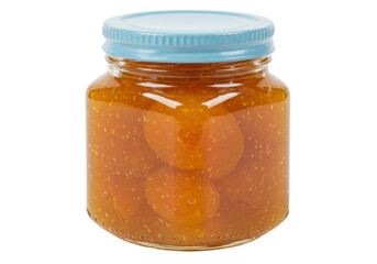 Isolated jar of apricot preserves, homemade apricot marmalade with fruit pieces inside