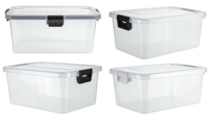 Clear plastic storage box; 4 angles