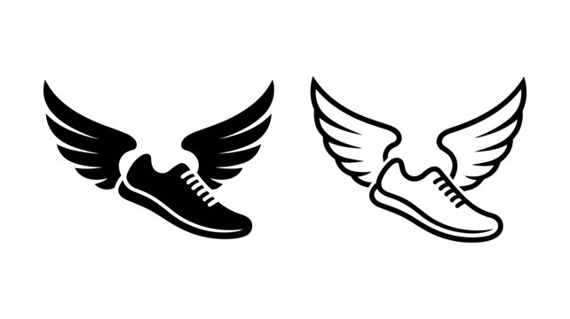 Running shoe with wings icon silhouette and outline isolated on white background