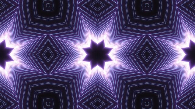 Purple neon kaleidoscope animation with glowing geometric star patterns and symmetrical motion. Futuristic abstract background perfect for VJ loops, music videos, or digital visual art projects.