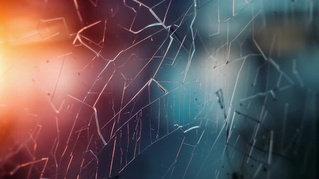 Warm orange backlighting causing fractured glass pane shimmering shifting cool teal glow in studio