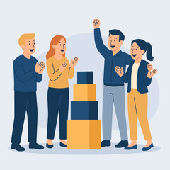 Vector illustration of happy office employees celebrating teamwork success. The group stands near stacked blocks symbolizing business growth, cooperation, and collective effort. 