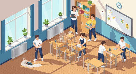 Students and teachers collaboratively cleaning a vibrant school classroom, fostering a sense of responsibility and teamwork in their educational environment
