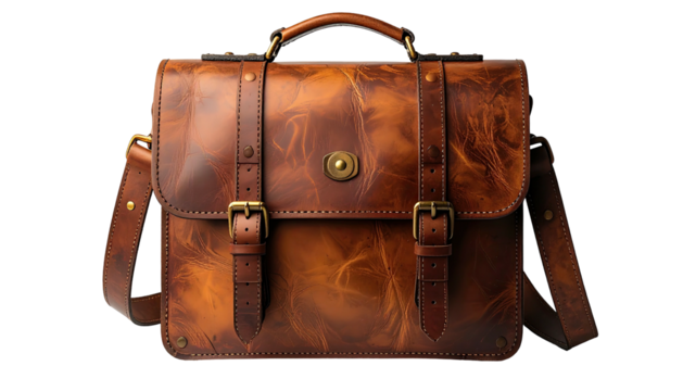 Leather satchel brown, buckled, detailed, and with a strap
